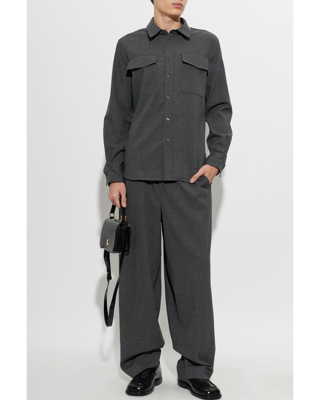 AMI Gray Wool Shirt With Pockets for men