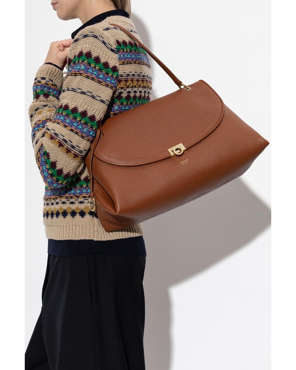 Ferragamo Brown Leather Bag With Logo