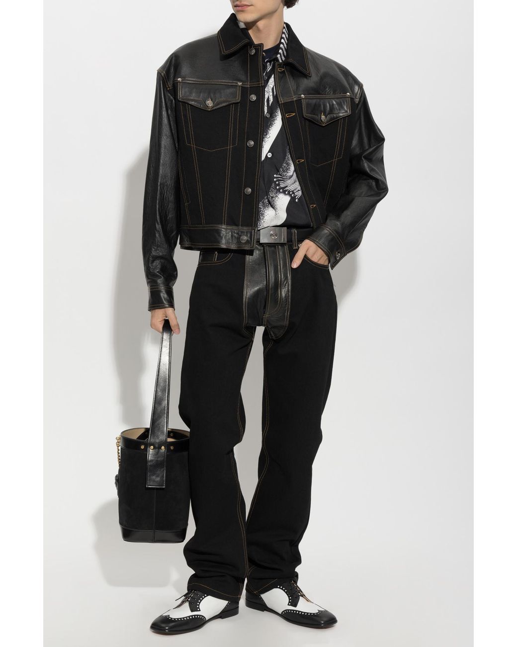 Versace Black Jeans With Leather Inserts for men
