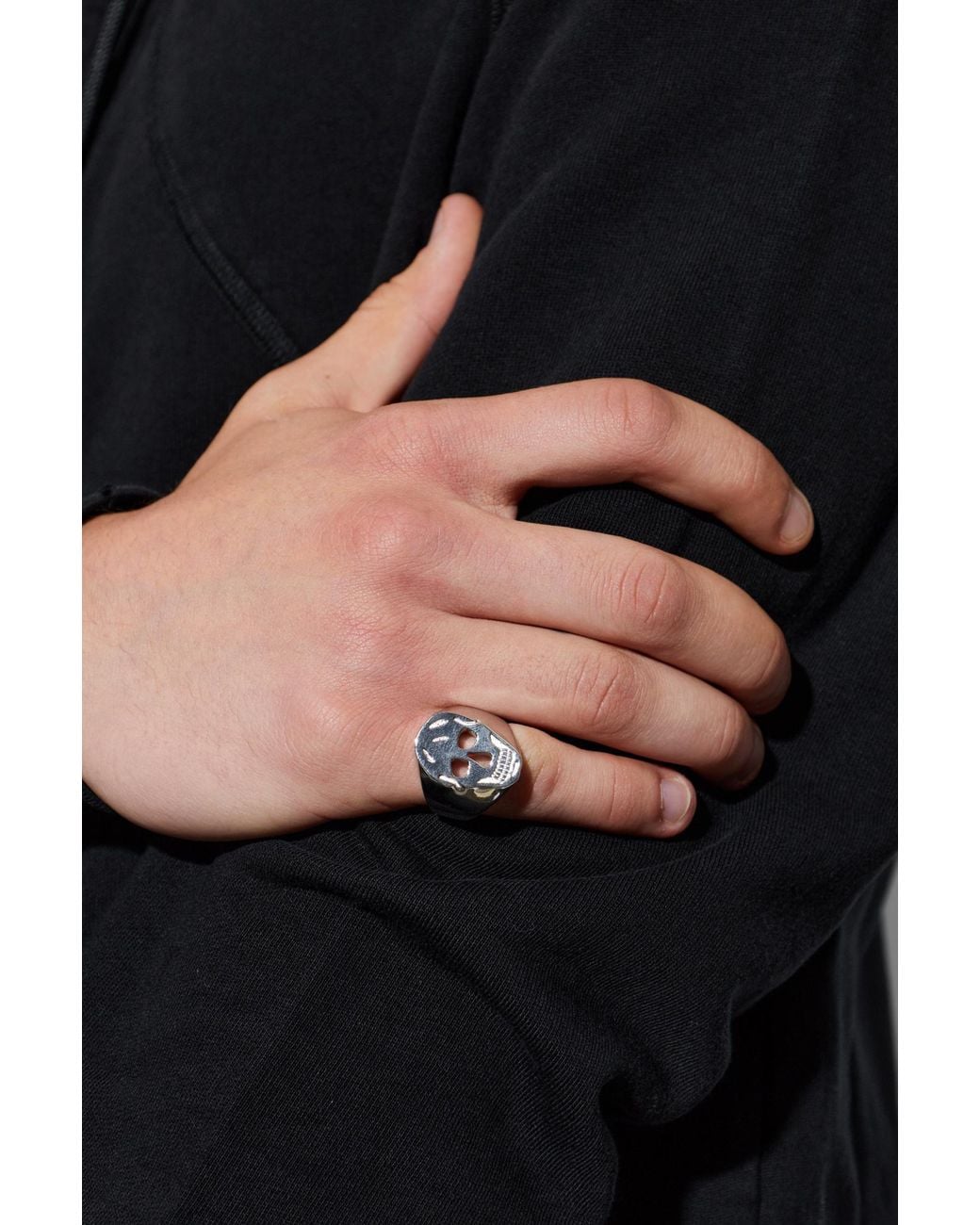 McQueen Black Signet Ring With A Distinctive Skull Motif for men