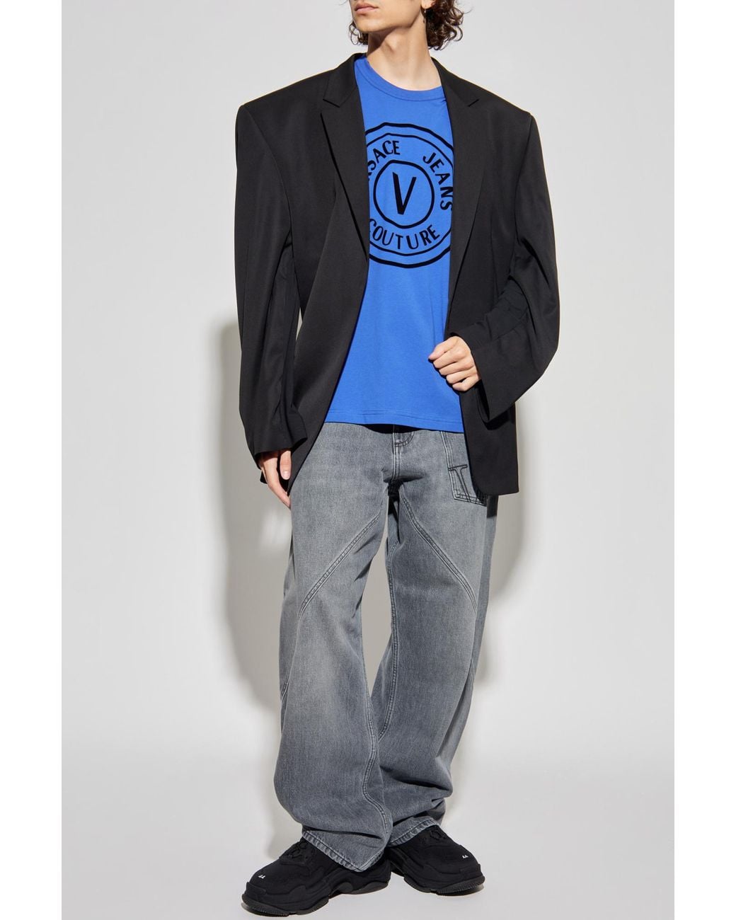 Versace Jeans Couture Blue T-Shirt With A Velvet Finish Print for men