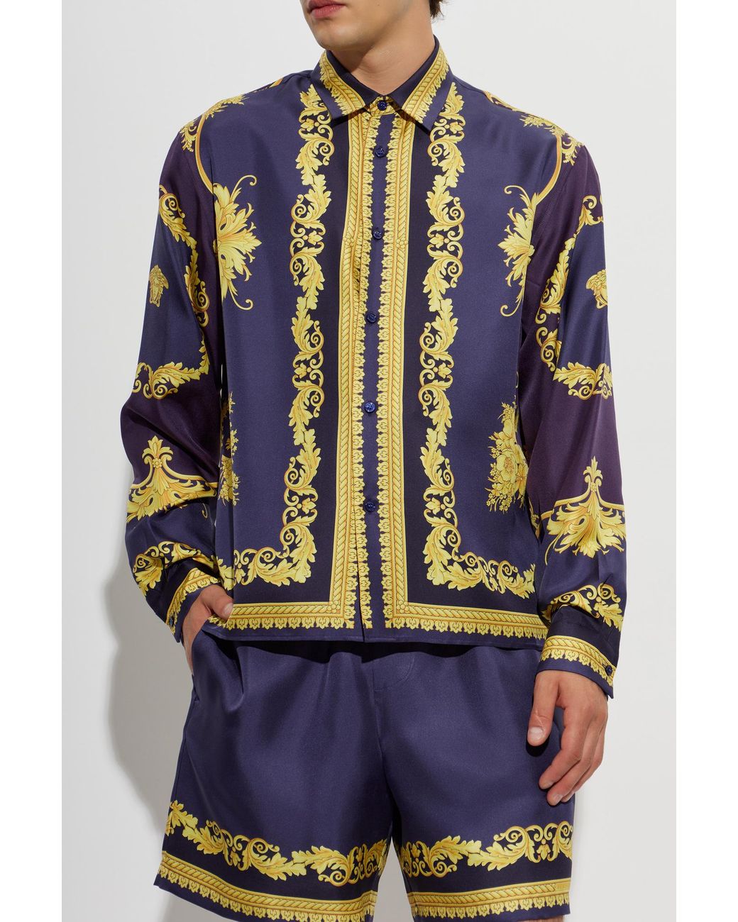 Versace Blue Silk Shirt With Pattern for men