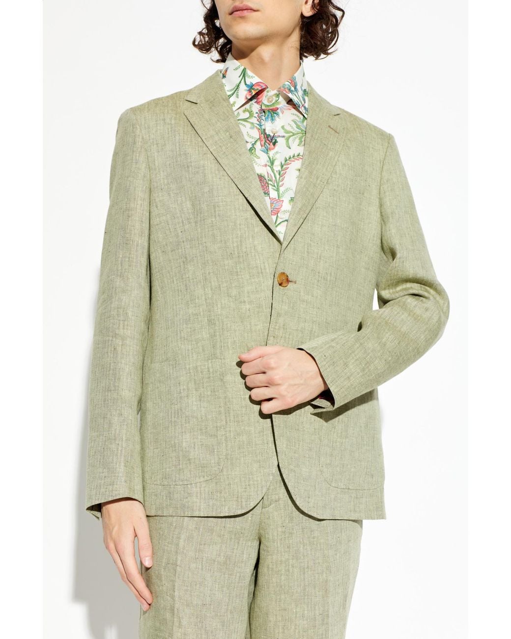 Etro Green Linen Herringbone-Patterned Blazer for men