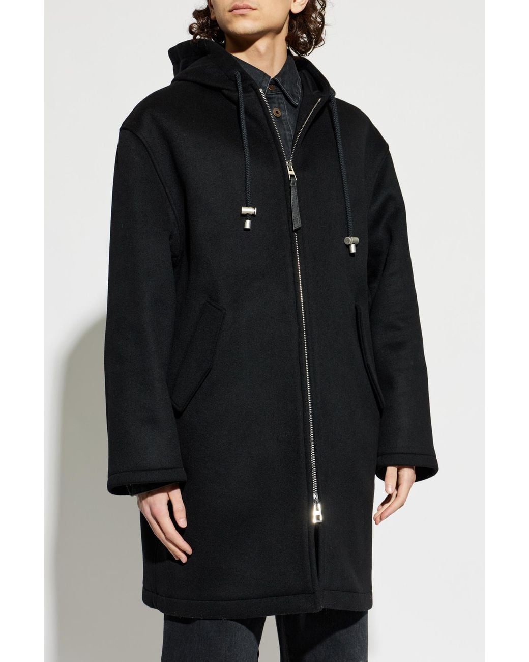 Loewe Black Wool Coat With Hood for men