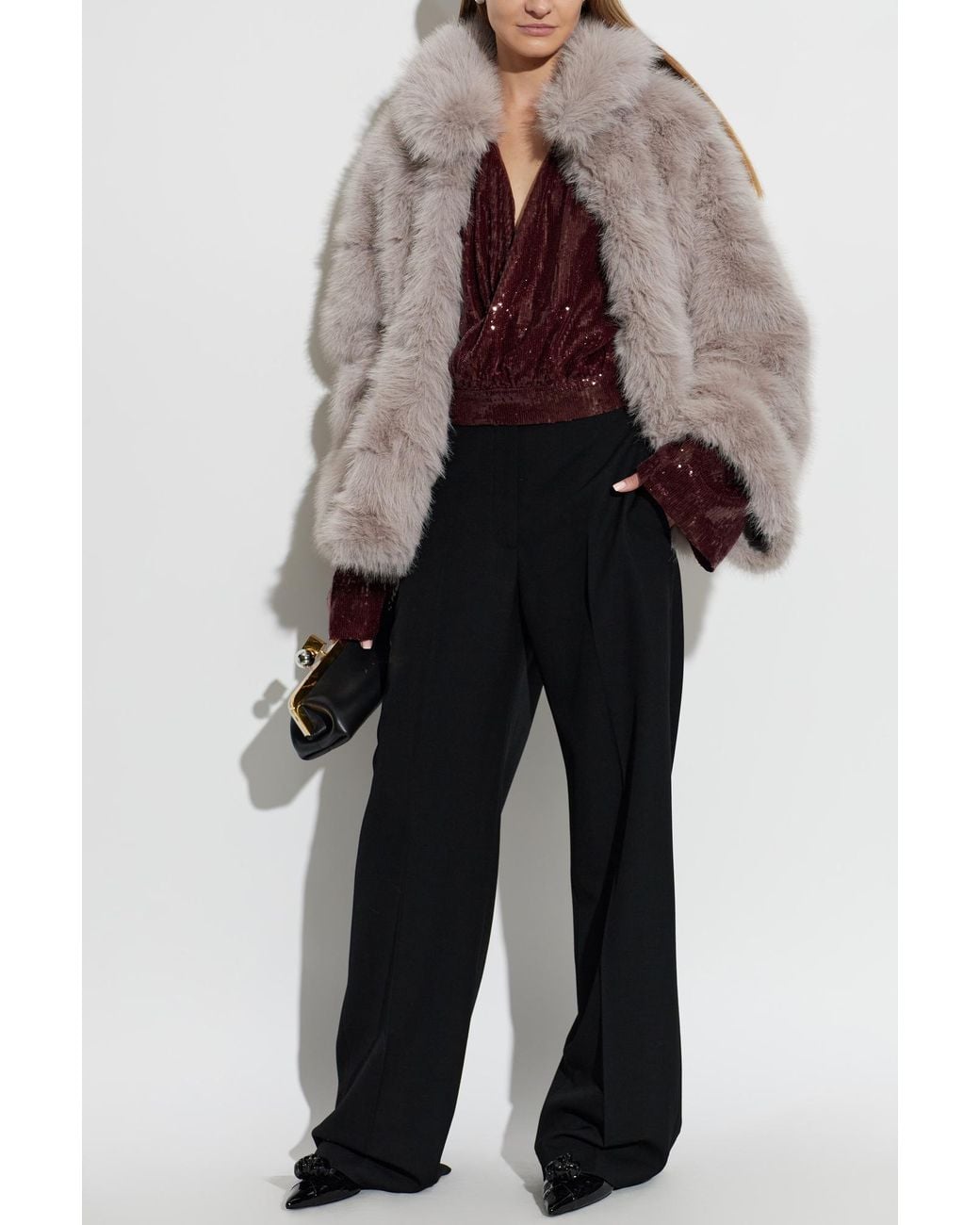ROTATE BIRGER CHRISTENSEN Brown Short Faux Fur Jacket