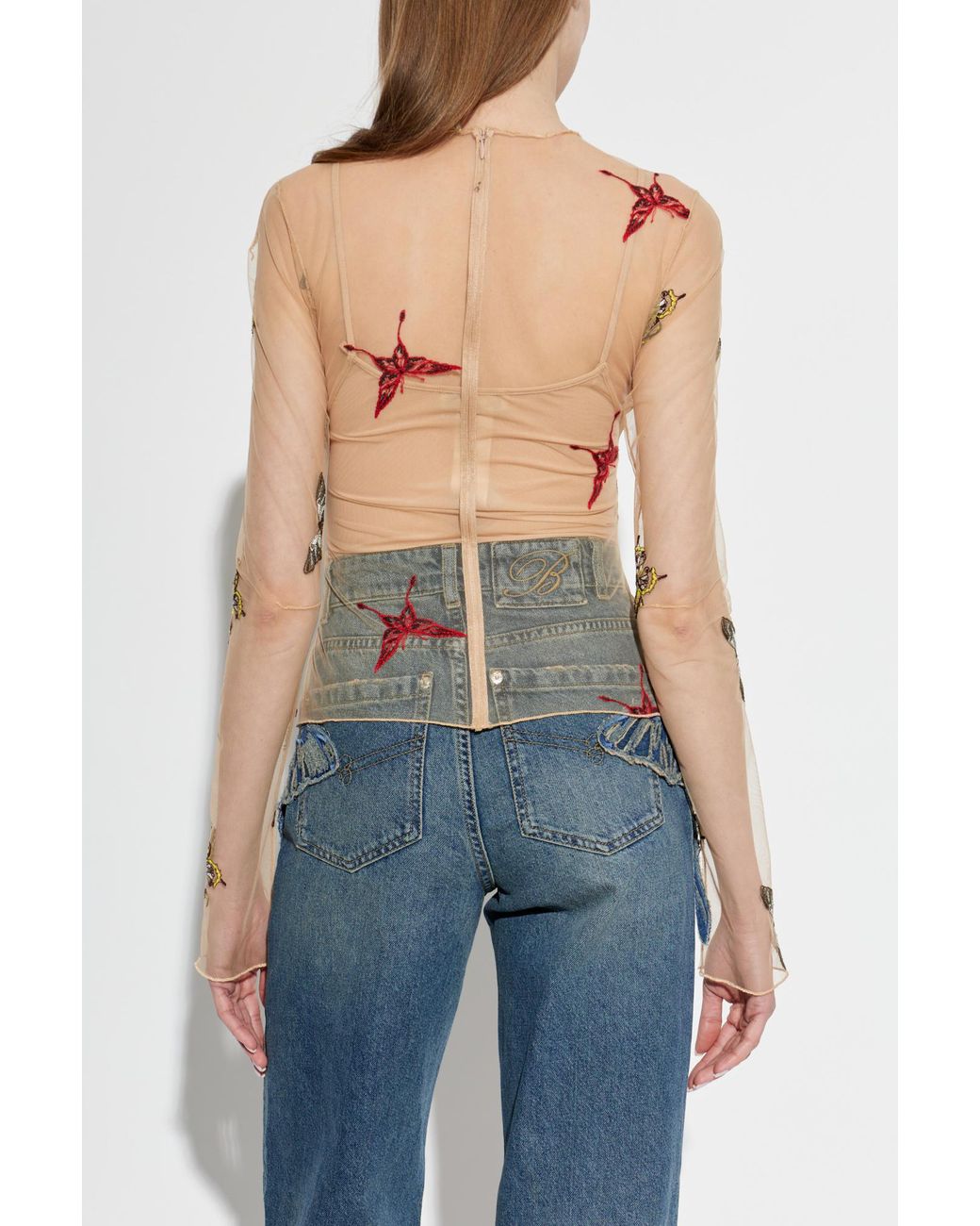 Blumarine Natural Tulle Top With Butterfly Motif