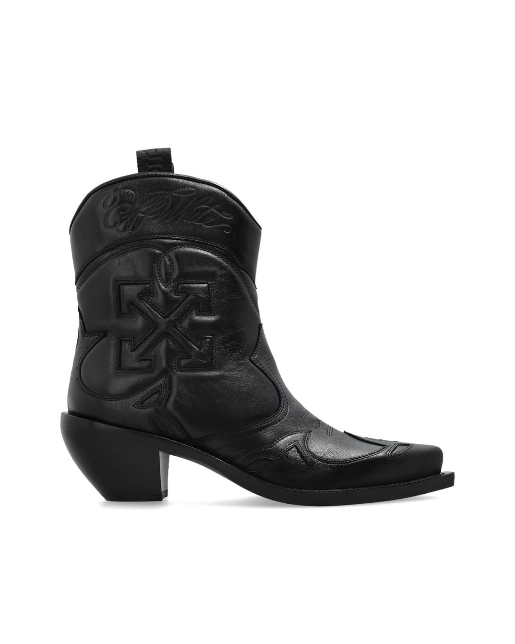 Off-White c/o Virgil Abloh Black Heeled Ankle Boots 'Santiag'