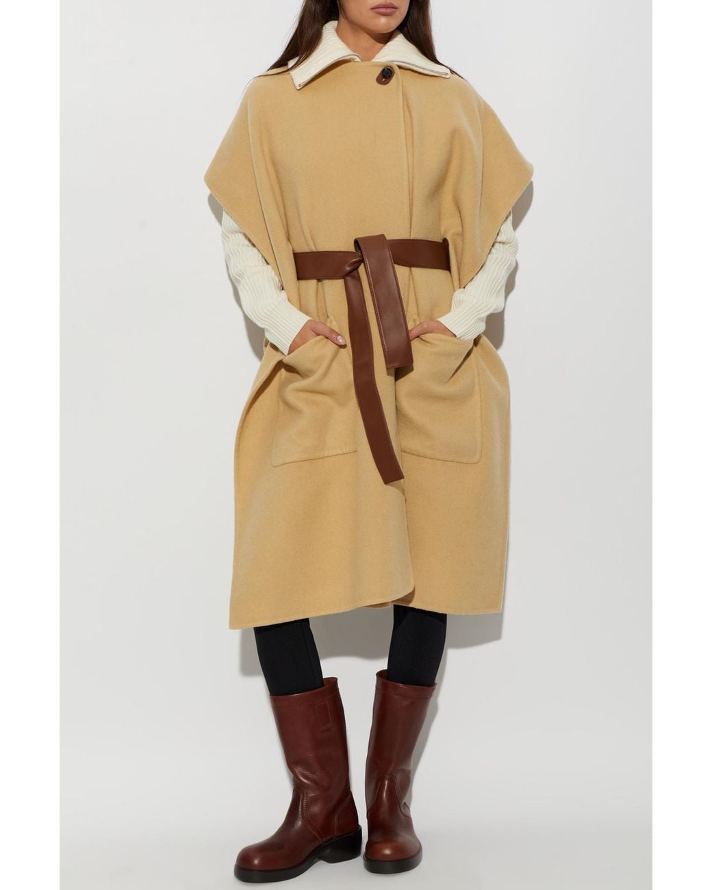 Burberry Natural Cashmere Poncho With Leather Belt