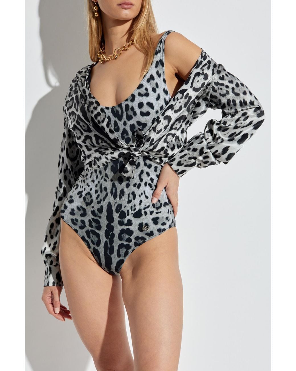 Dolce & Gabbana White One-Piece Swimsuit With Animal Print