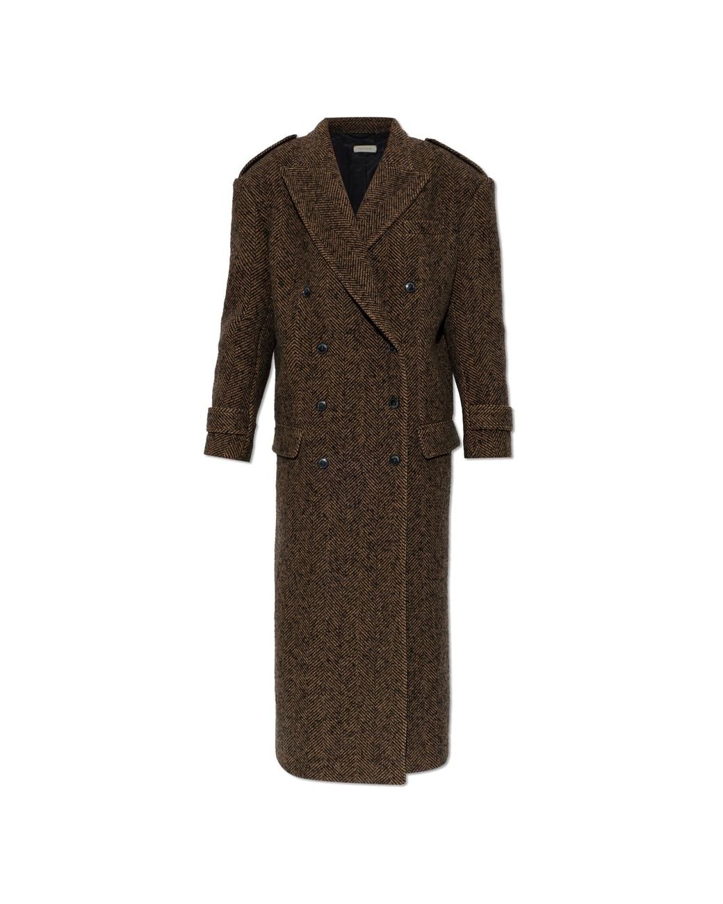 The Mannei Brown Wool Coat With Herringbone Pattern