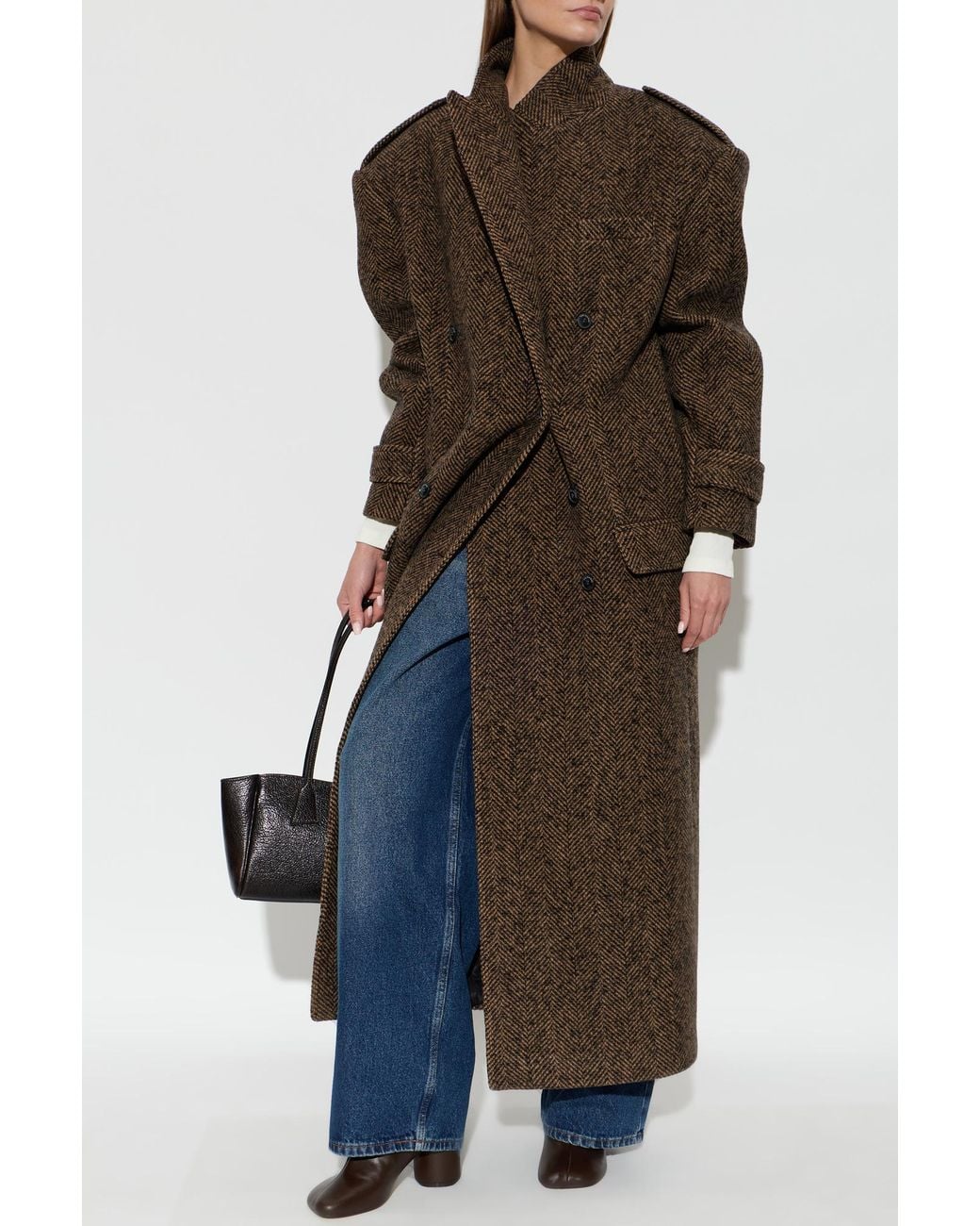 The Mannei Brown Wool Coat With Herringbone Pattern