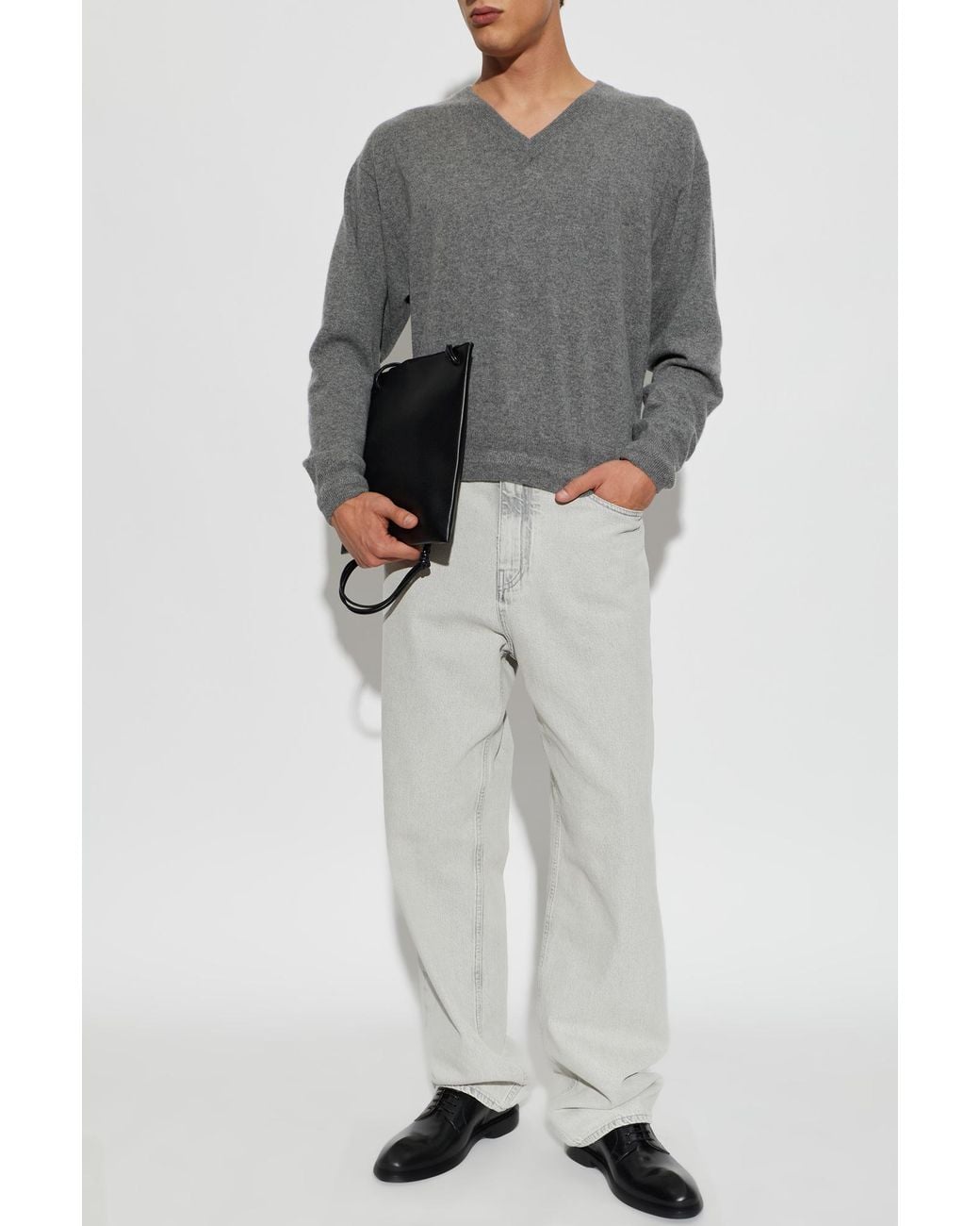 Jil Sander Gray Cashmere V-Neck Sweater for men
