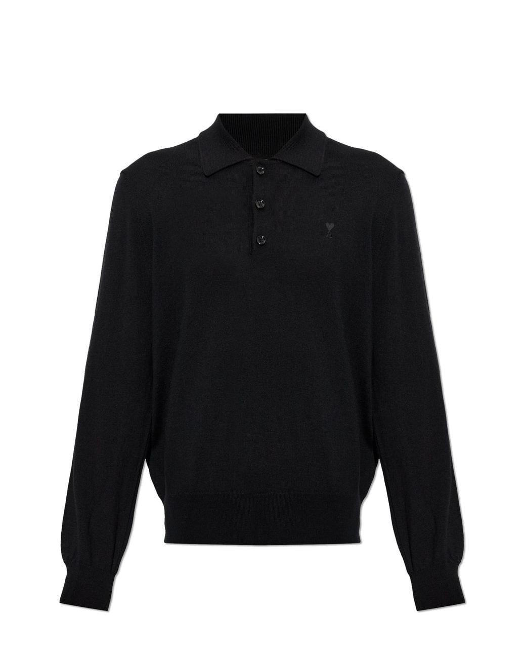 AMI Black Wool Polo Shirt With Embroidered Logo for men