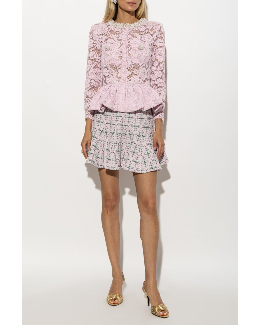 Self-Portrait Pink Lace Peplum Top