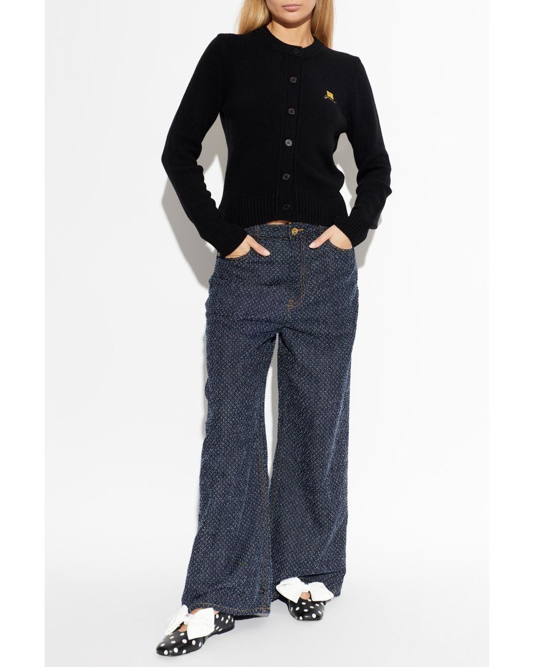 Ganni Black Cardigan With Embroidered Logo