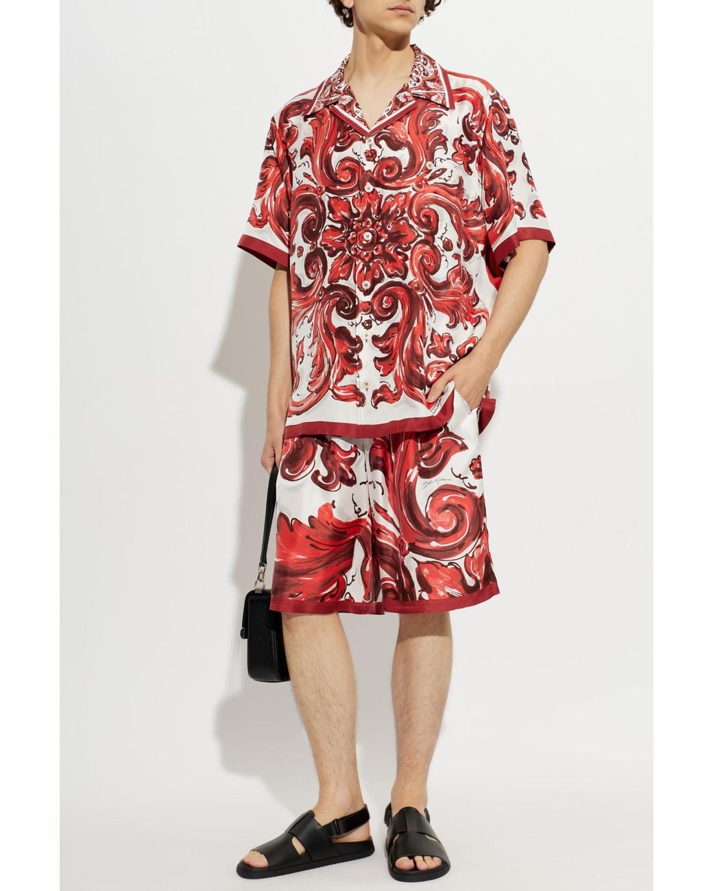 Dolce & Gabbana Red Silk Shirt With "Majolica" Print for men