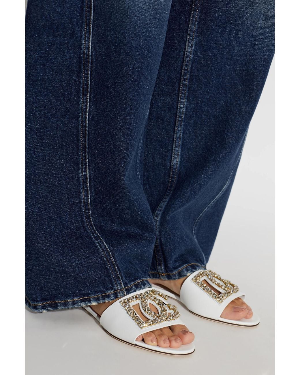 Dolce & Gabbana White Leather Slides With Shimmering Embellishments