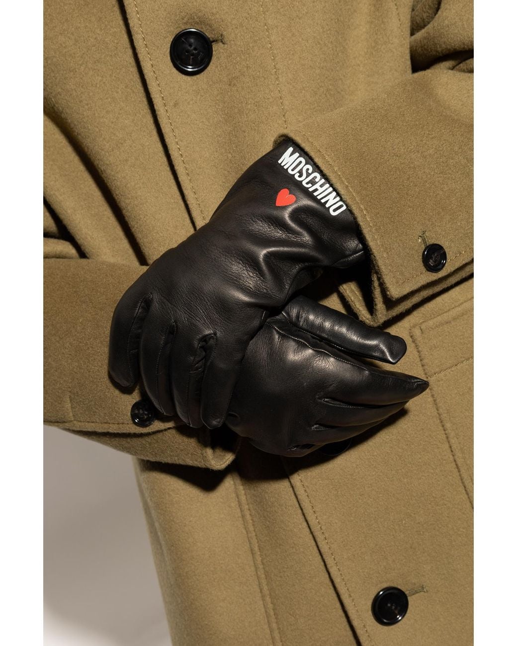 Moschino Black Leather Gloves With Printed Logo