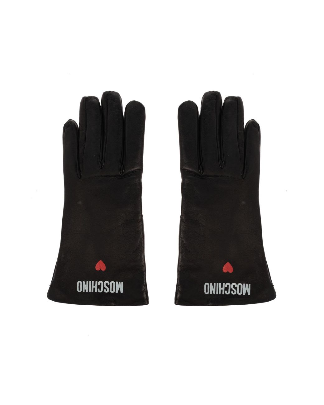 Moschino Black Leather Gloves With Printed Logo