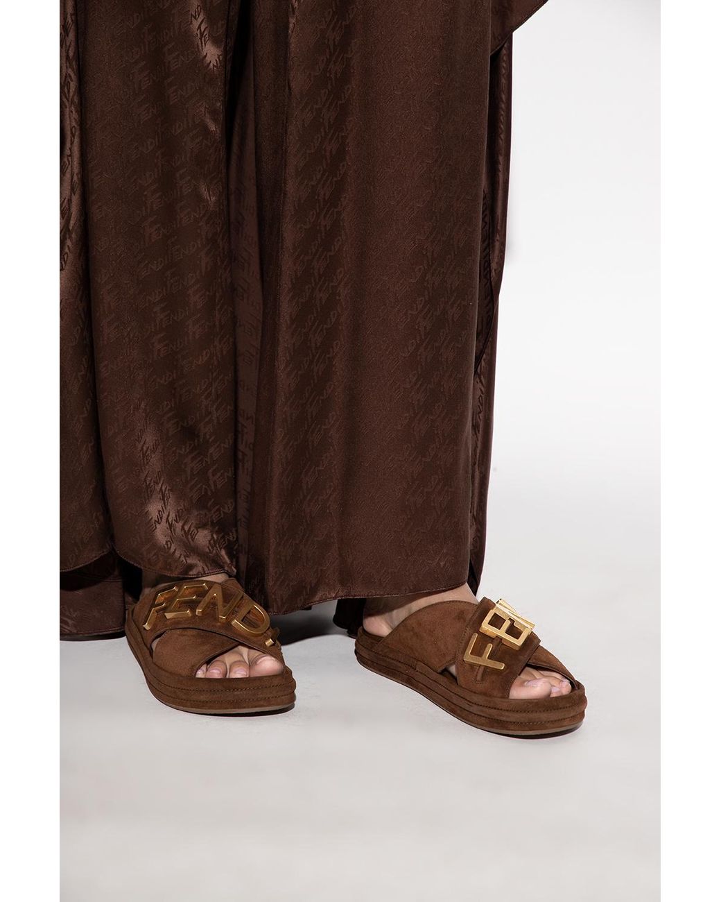 Fendi 'graphy' Suede Slides in Brown Lyst