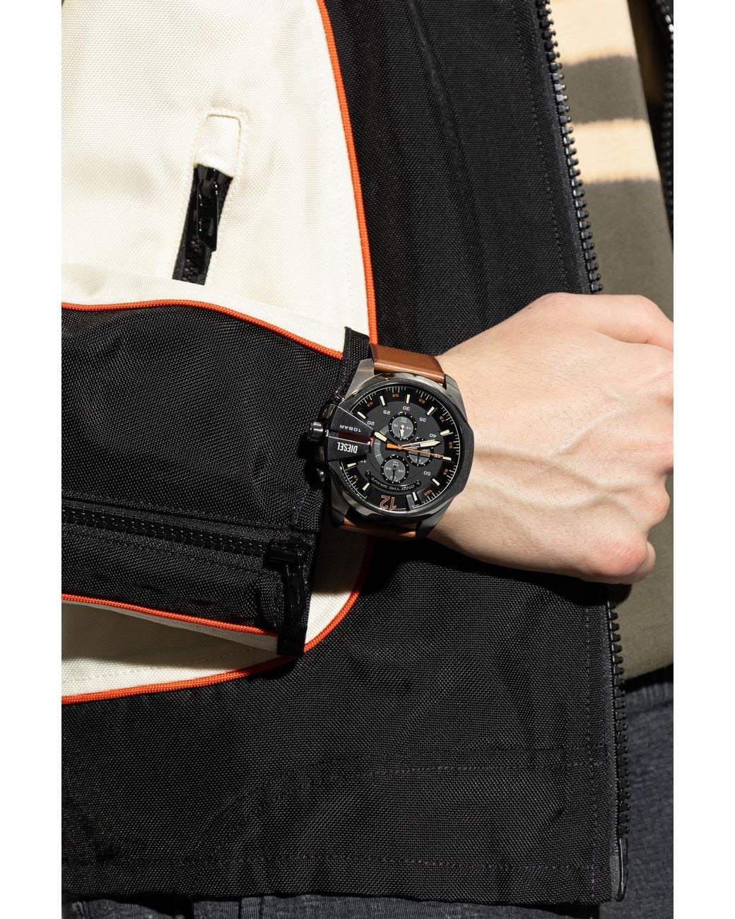 DIESEL Black "Mega Chief" Watch On A Leather Strap for men