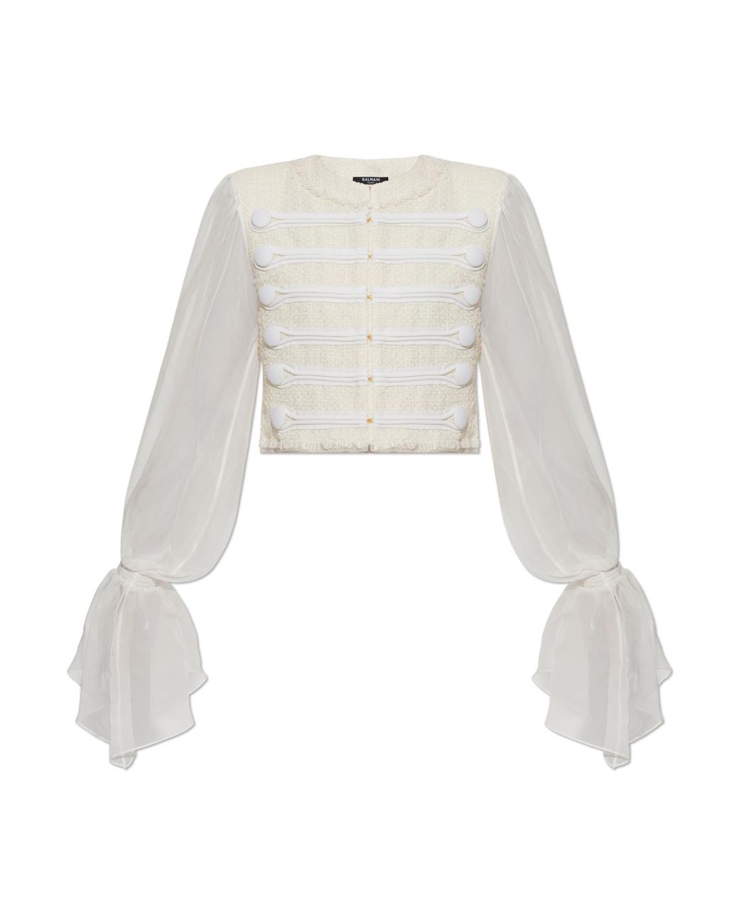 Balmain White Tweed Blazer With Silk Sleeves