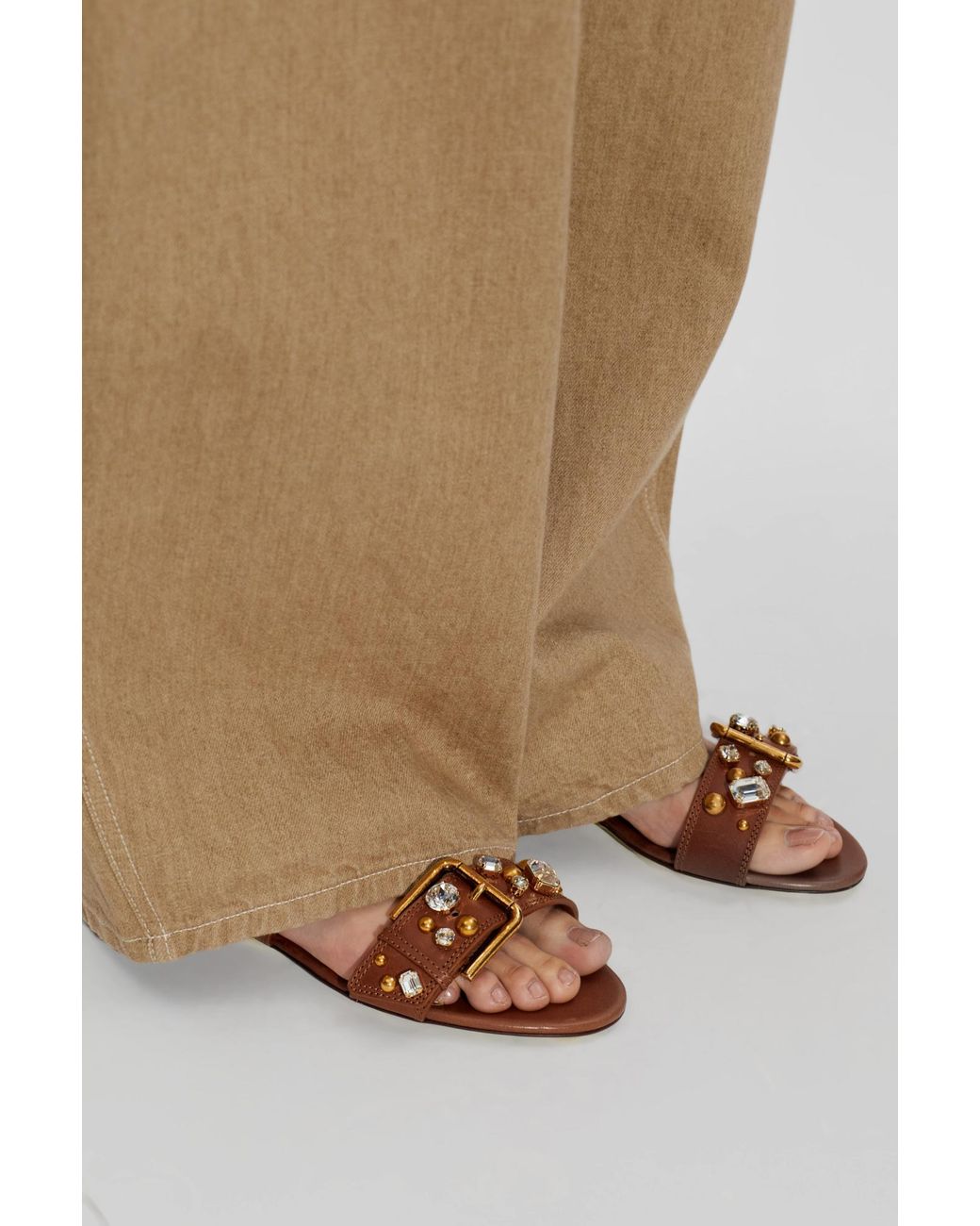 Dolce & Gabbana Brown Leather Slides With Shimmering Embellishments