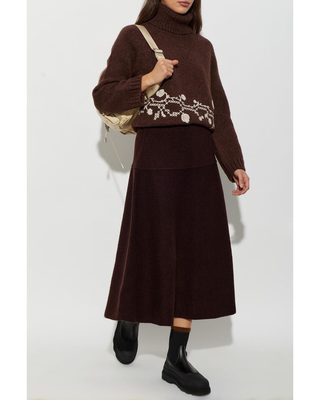 Moncler Brown Wool Turtleneck Sweater With Embroidery