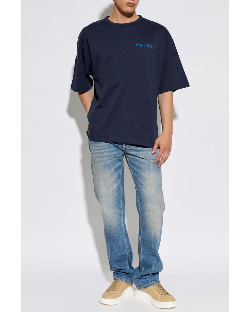 McQueen Blue T-Shirt With Printed Logo for men