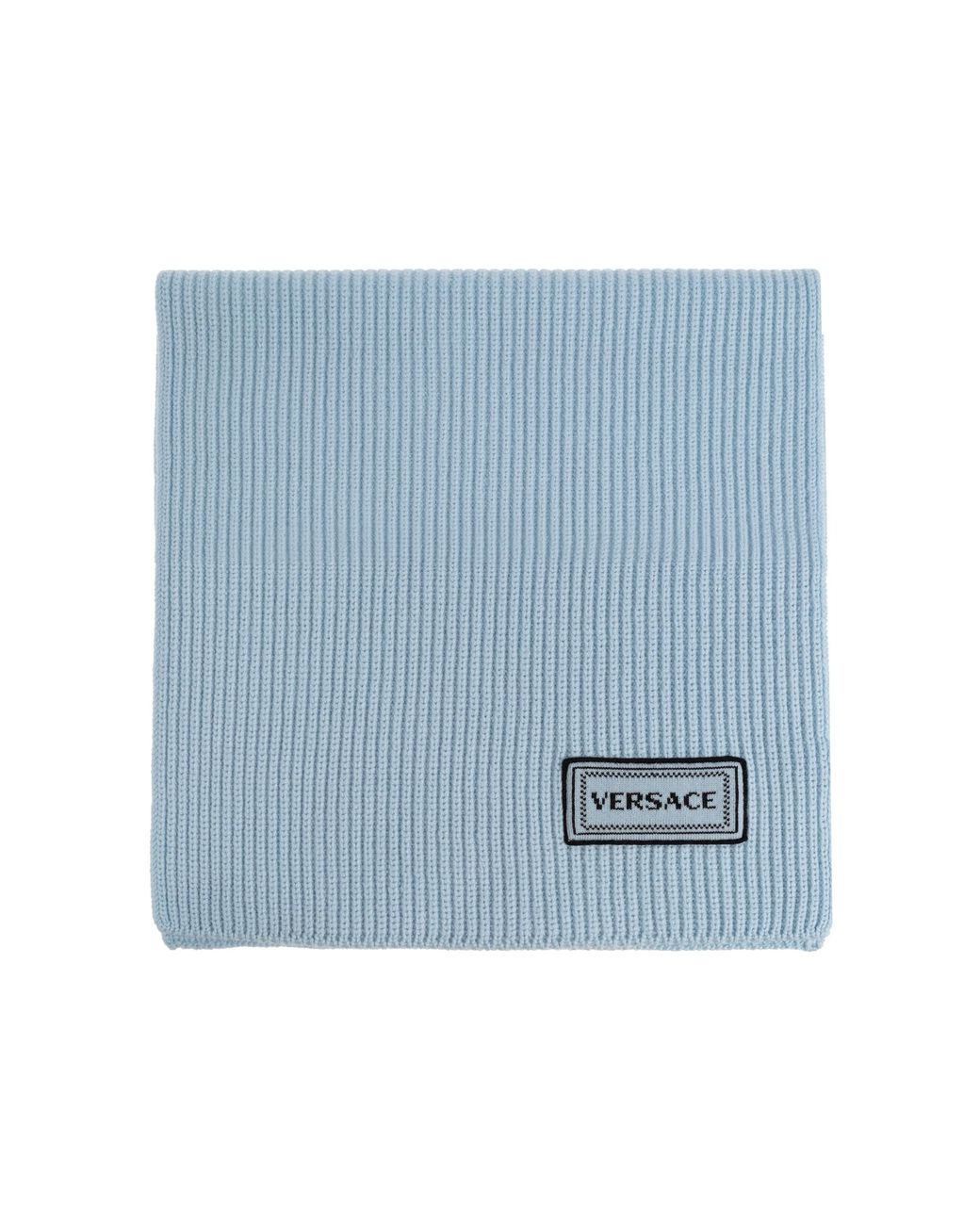 Versace Blue Wool Scarf With Logo Patch