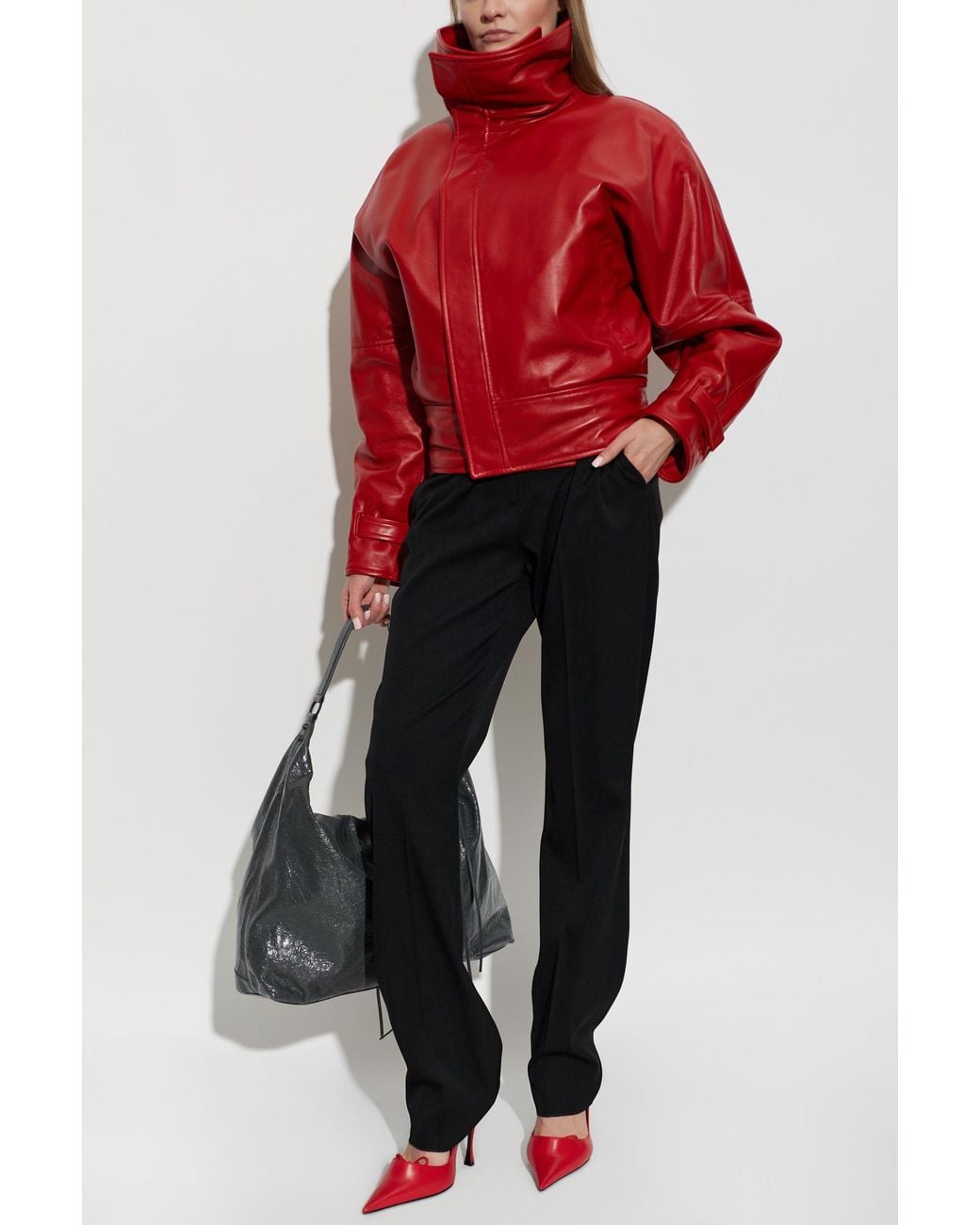 Balenciaga Red Leather Jacket With A Wide Collar