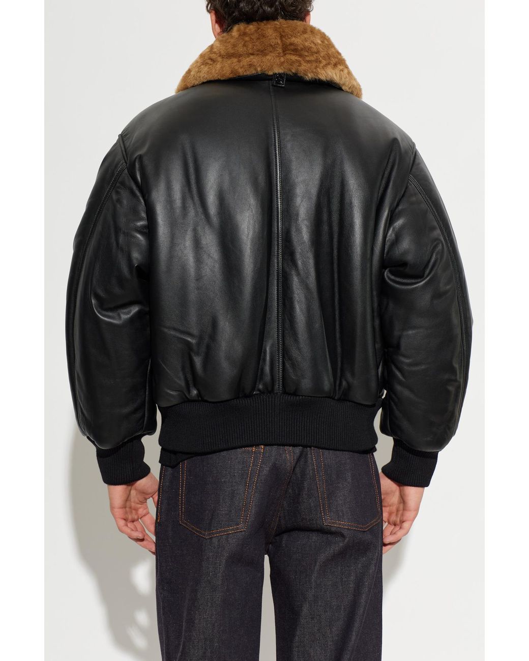 AMI Black Leather Jacket With Fur Collar for men