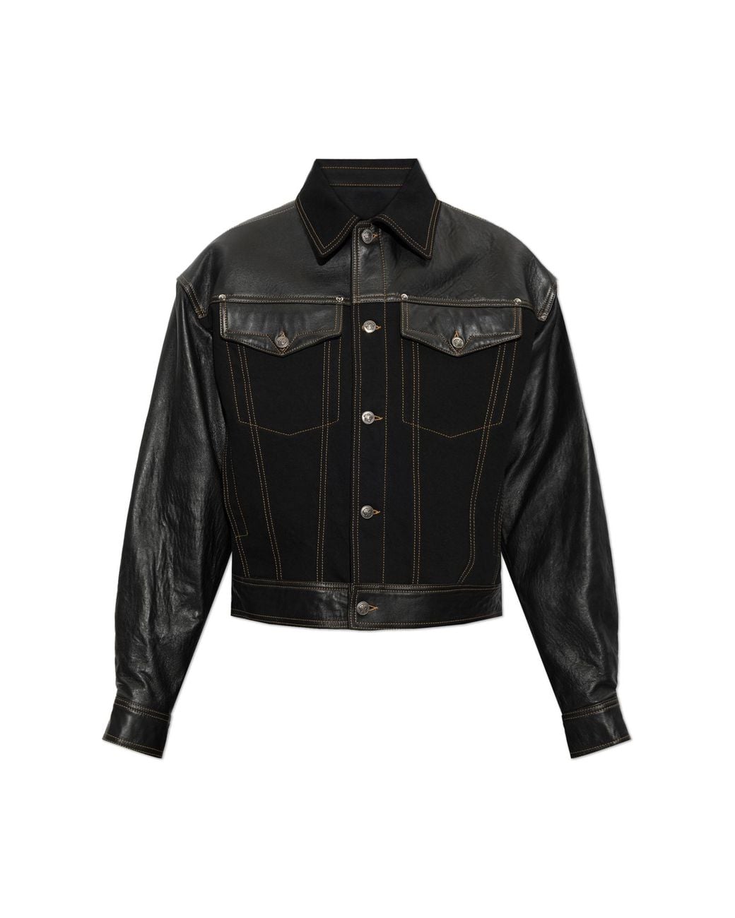 Versace Black Denim Jacket With Leather Inserts for men