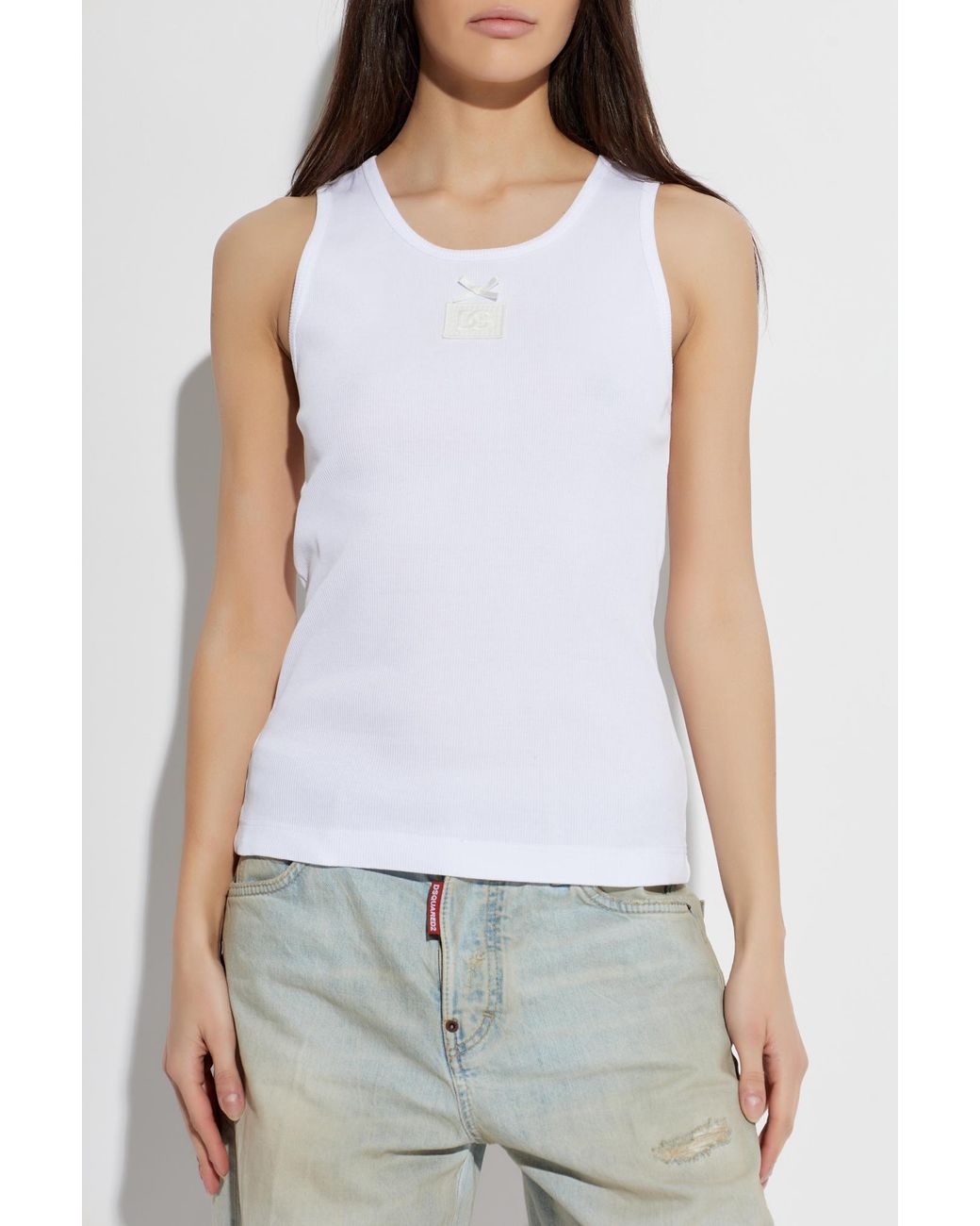 Dolce & Gabbana White Ribbed Top With Logo Patch