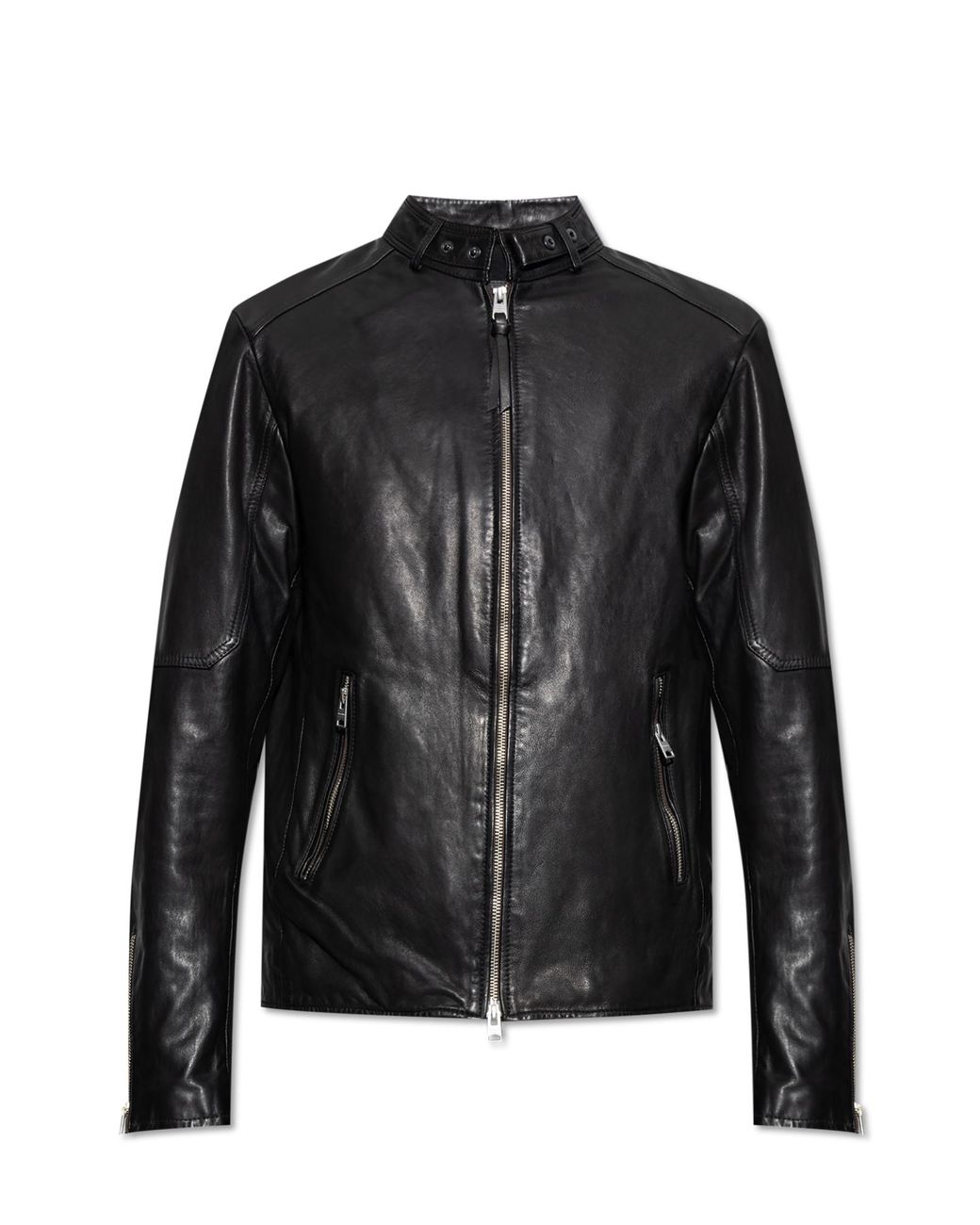 AllSaints Black Sleek Leather Biker Jacket for men