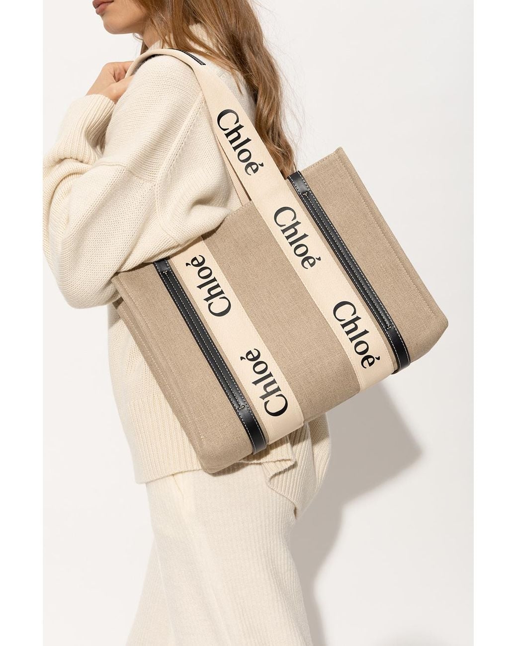 Chloé Natural Large Woody Tote Bag In Linen