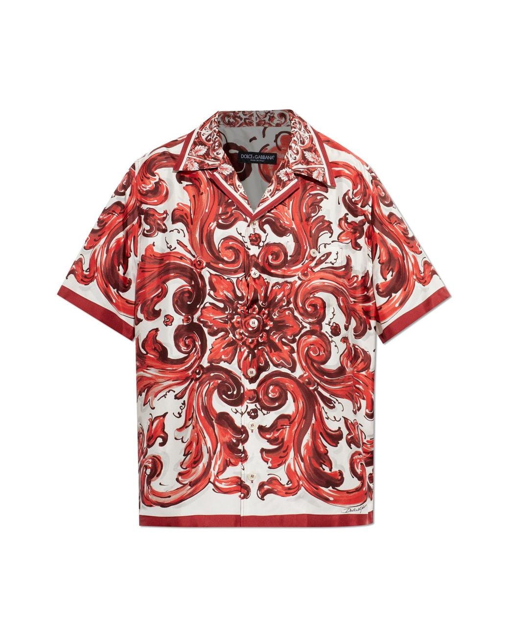 Dolce & Gabbana Red Silk Shirt With "Majolica" Print for men