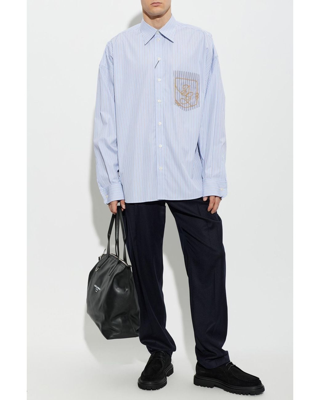 Dolce & Gabbana Blue Cotton Shirt With Embroidered Logo for men