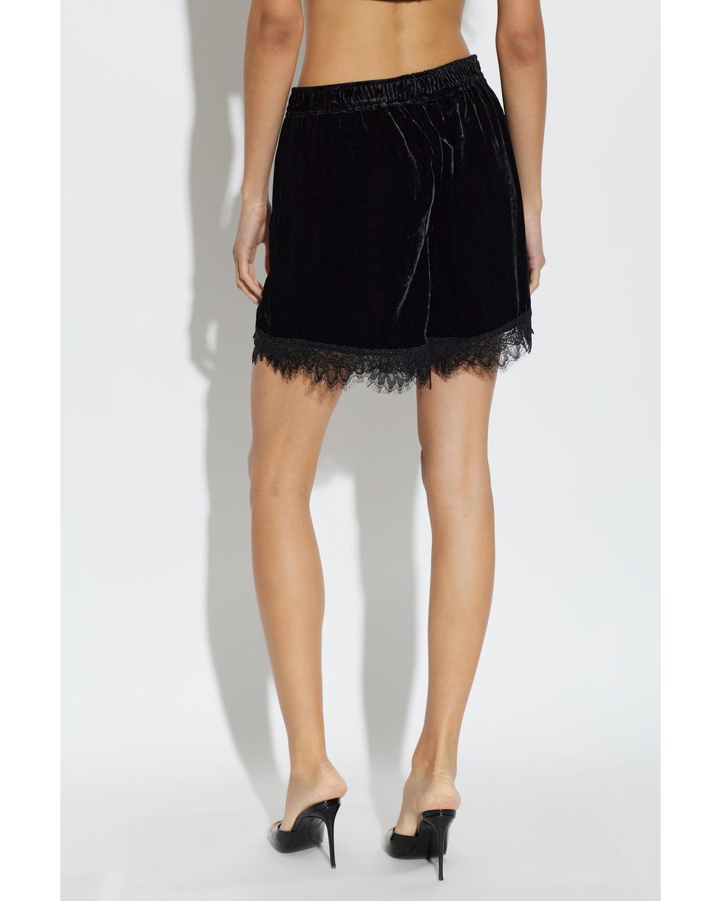 Ganni Black Velvet Shorts With Lace Trim