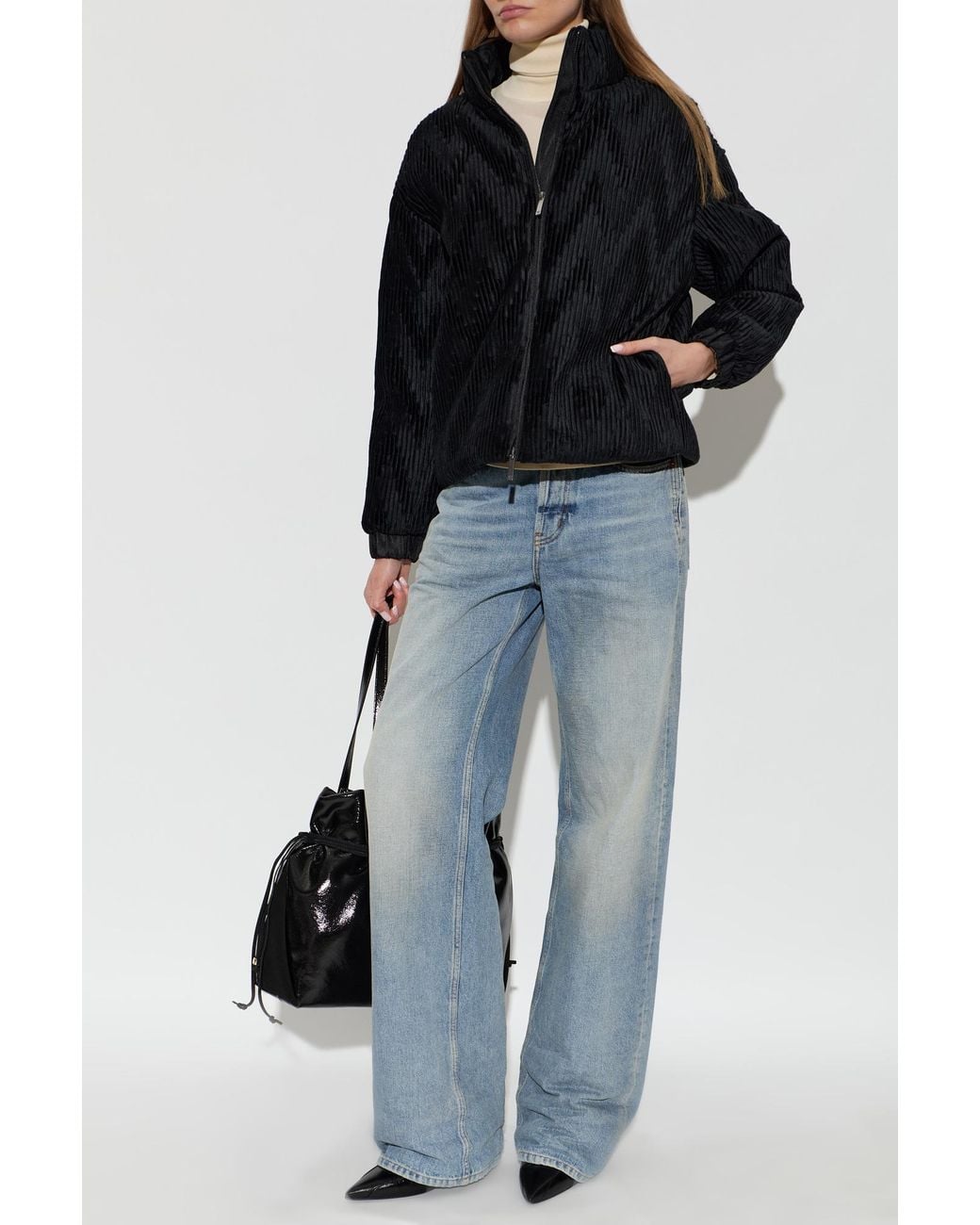 Emporio Armani Black Down Jacket With A Velvet Finish