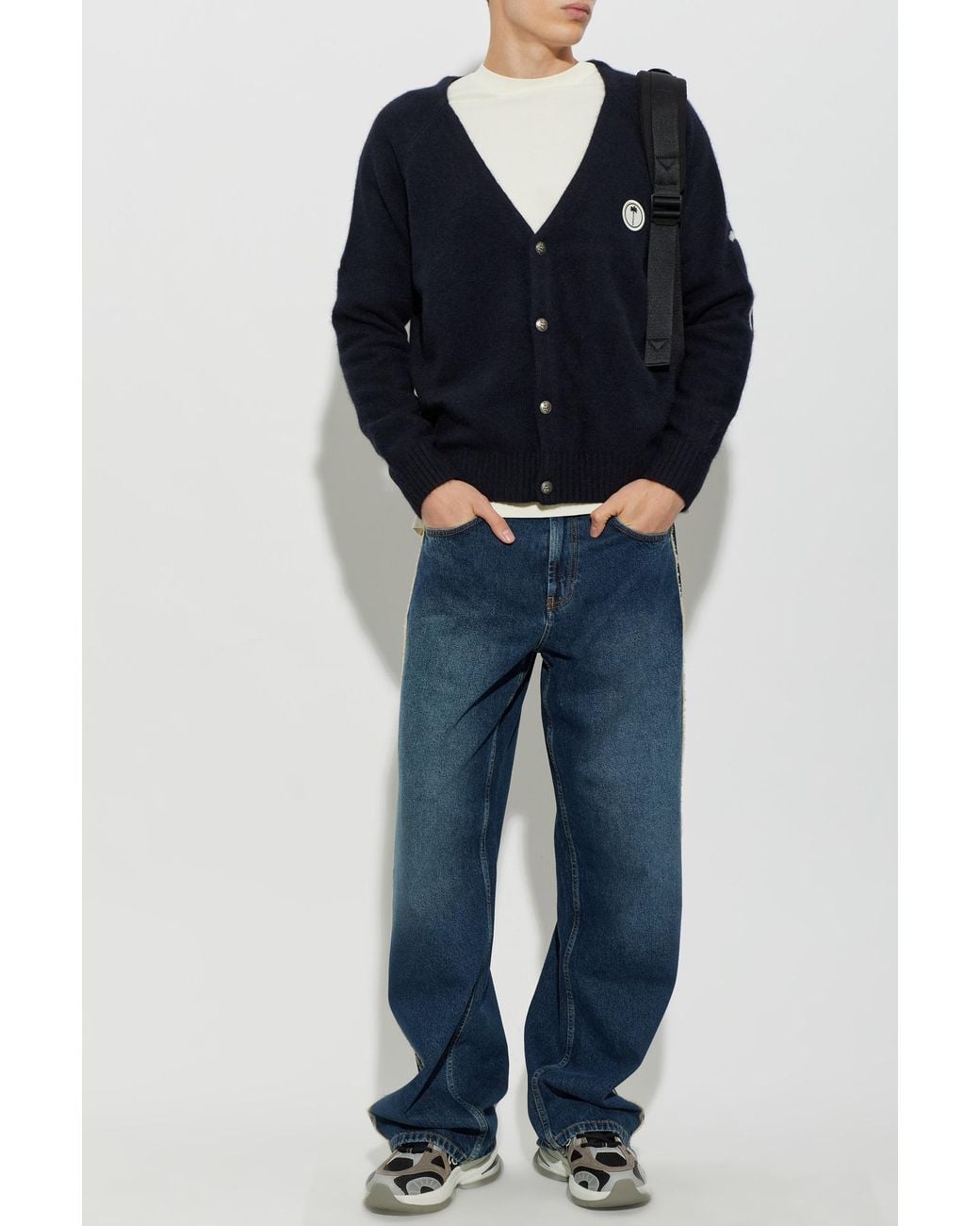 Palm Angels Blue Wool Cardigan With Sewn-On Logo for men