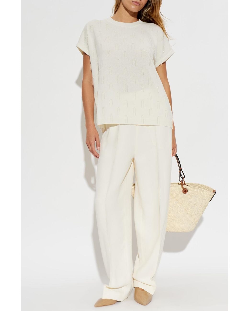 Fabiana Filippi White Wool Top With Shimmering Fringes