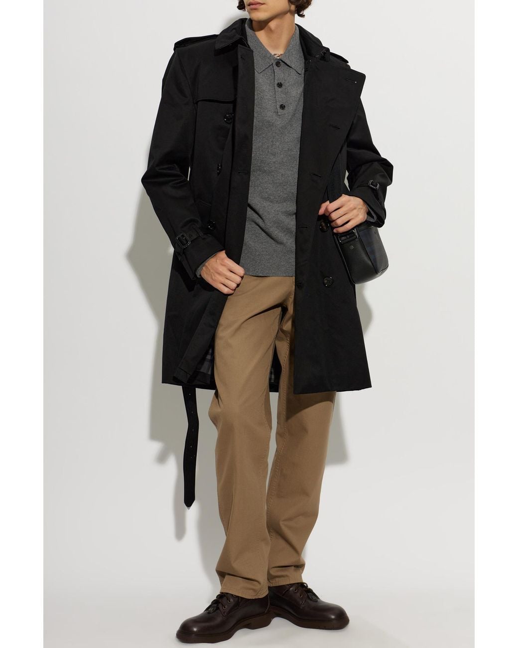 Burberry Black Wool Trench Coat 'Kensington' for men