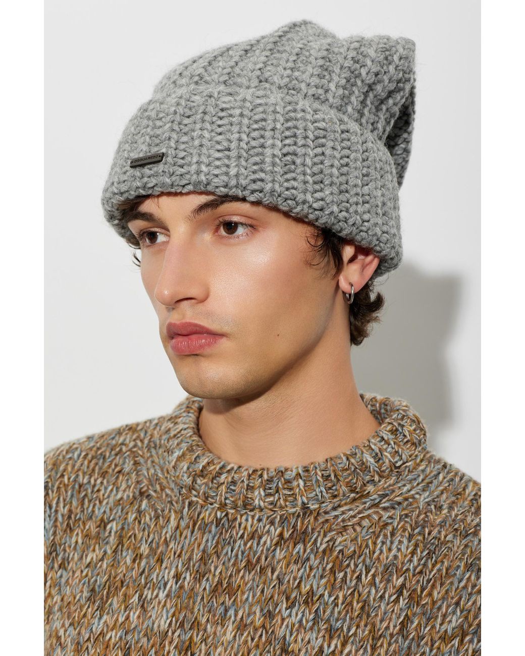 DSquared² Gray Wool Beanie With Patch for men