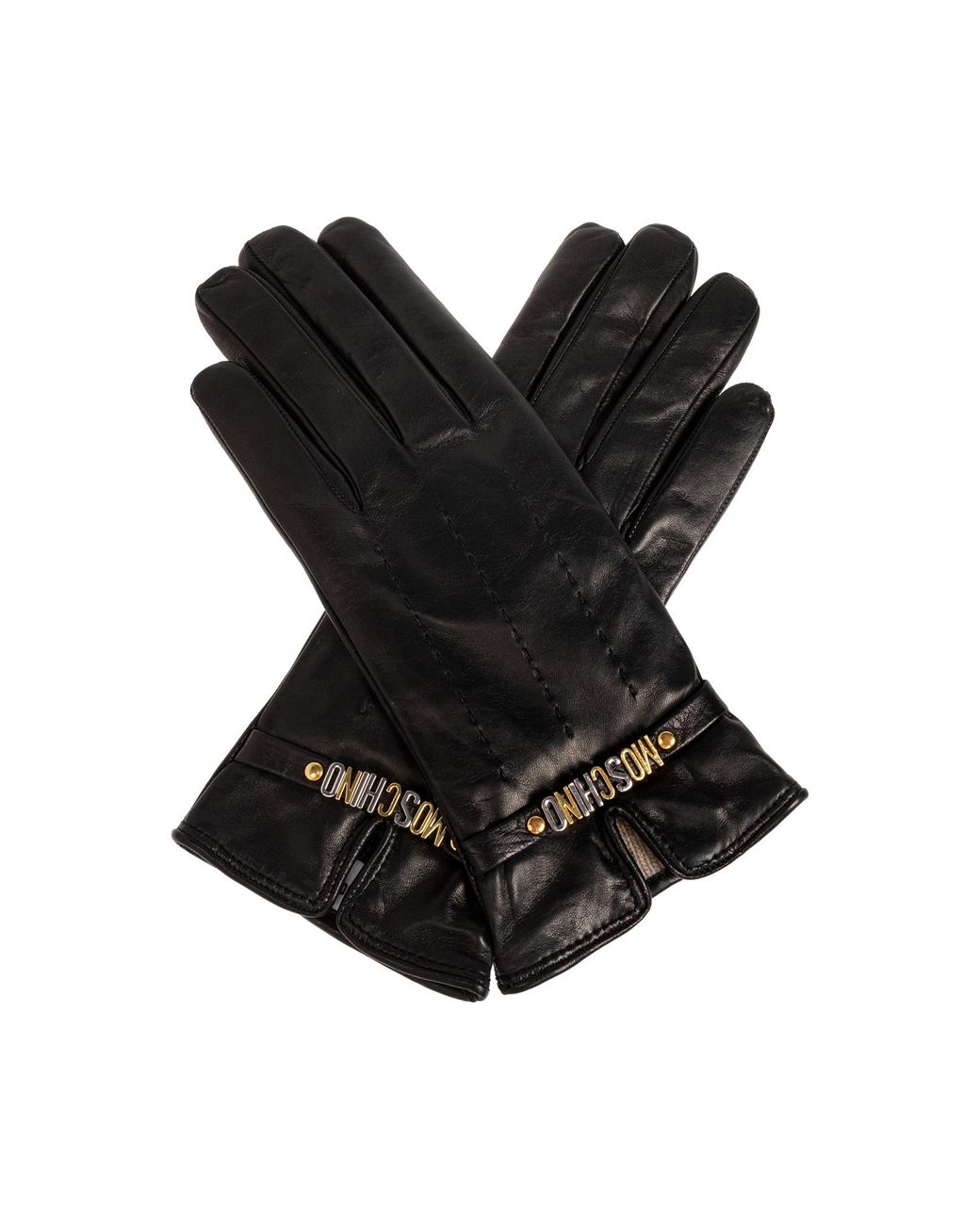 Moschino Black Leather Gloves With Logo