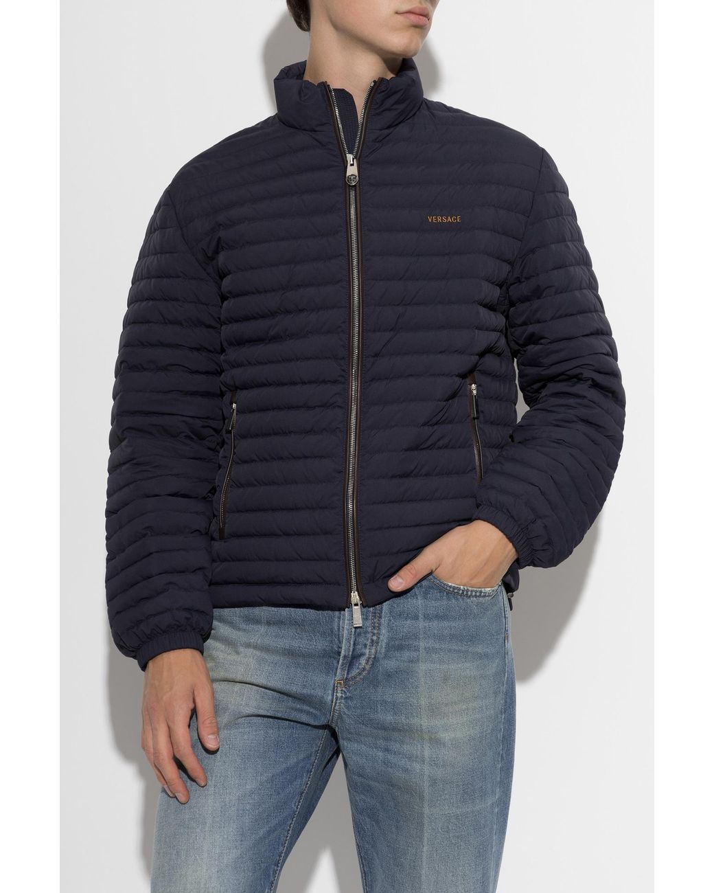 Versace Blue Puffer Jacket With Embroidered Logo for men
