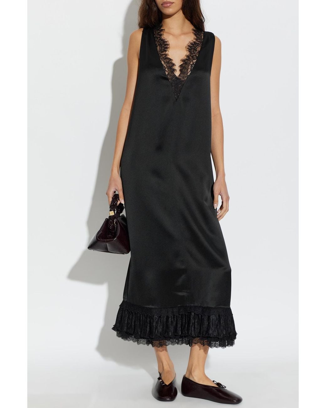 Ganni Black Satin Dress With Lace Inserts