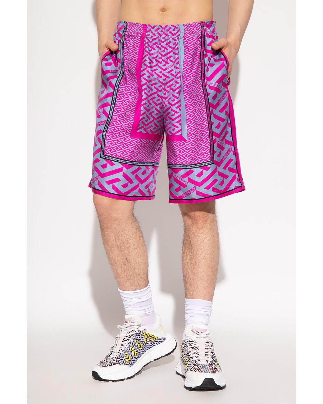Versace Silk Shorts With 'la Greca' Pattern in Pink for Men | Lyst