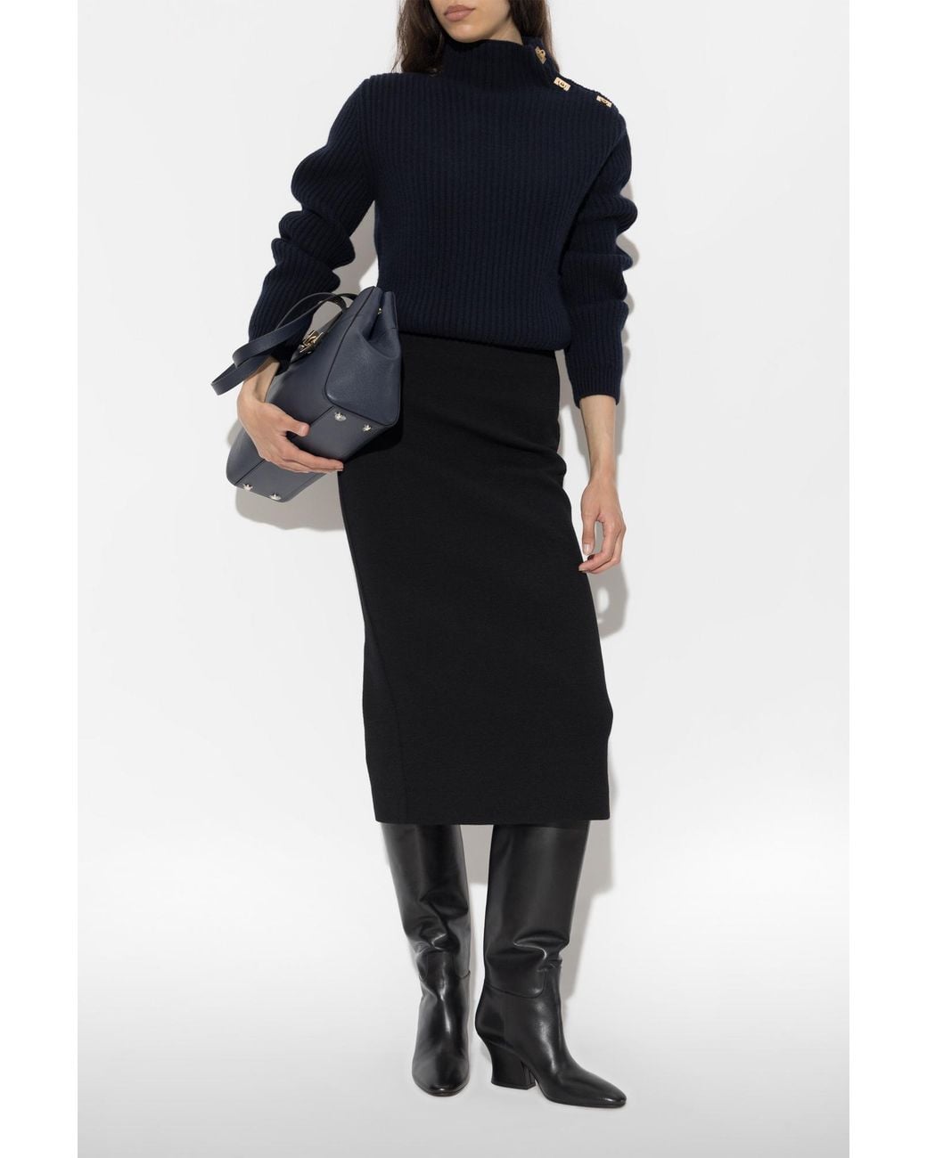 Ferragamo Blue Sweater With Decorative Fastening On The Shoulder