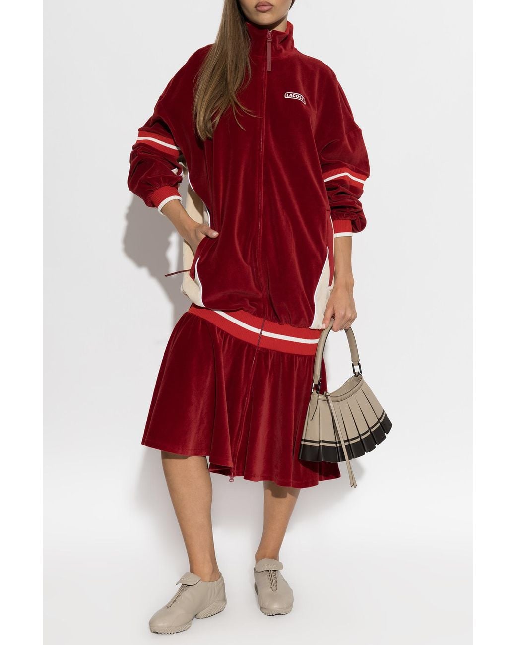 LACOSTE RUNWAY Red Velour Dress With Logo